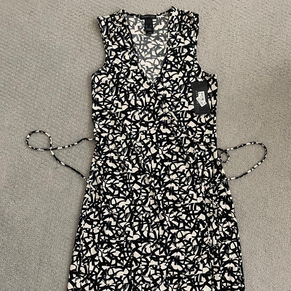 NWT Kenneth Cole New York Women's Sleeveless Wrap Midi Dress, Black Cream Small